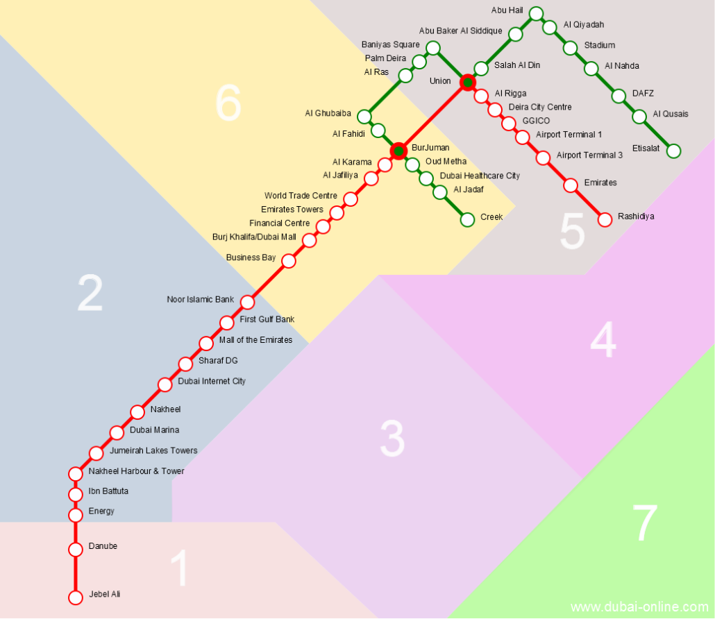 Mapa del metro de Dubai con sus zonas, líneas y estaciones.